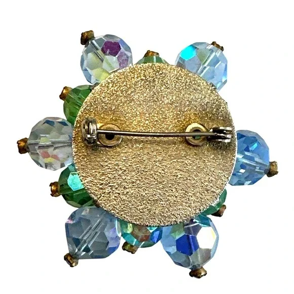 VTG 1950s AB‎ Crystal Brooch 2" Aurora Borealis Beaded Cluster Flower Pin MCM - Picture 6 of 10